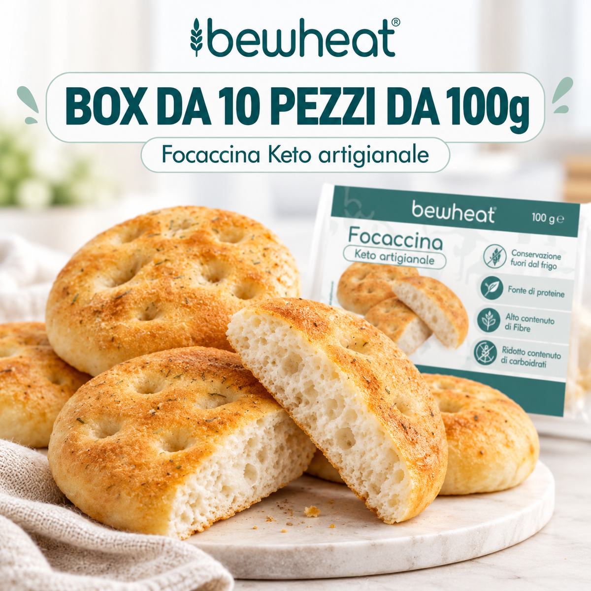 10x Focaccina KETO Artigianale Classica (100G) - BEWheat - FORMATO CONVENIENZA