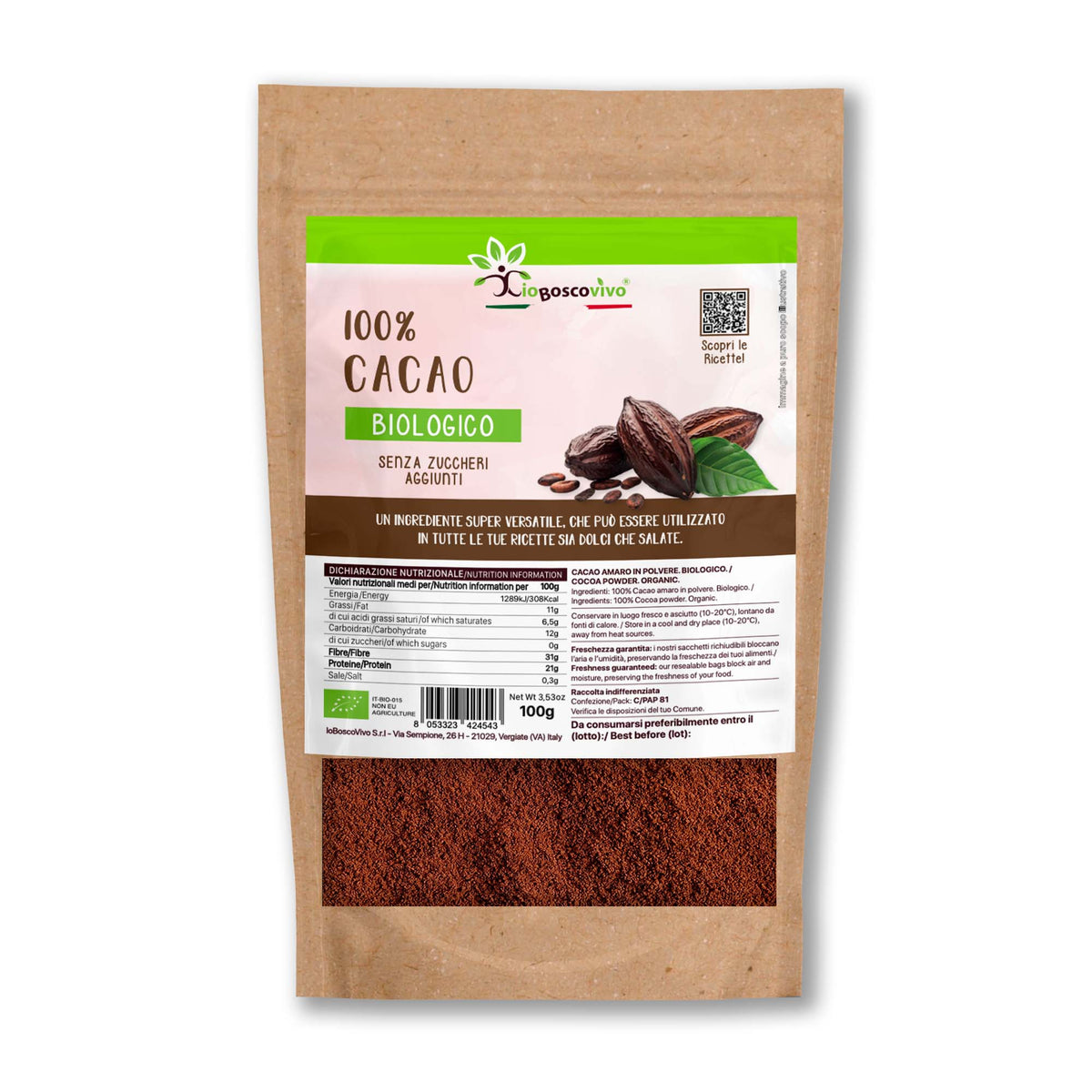 Cacao Amaro in Polvere BIO Non Alcalinizzato 100g