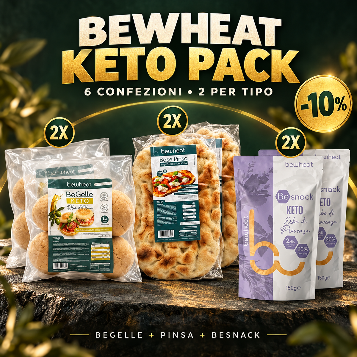 BEWHEAT KETO PACK Foodamia: 2 confezioni BeGelle 5x50 g, 2 pinse 230 g e 2 BeSnack Erbe di Provenza 150 g, sconto 10%