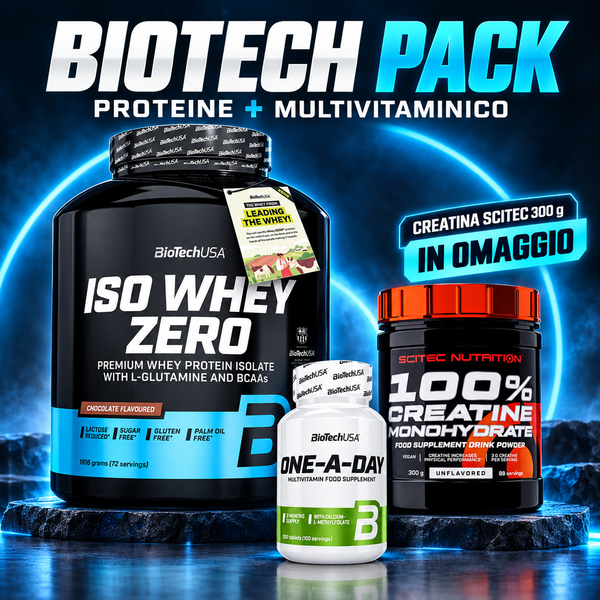 BIOTECH PACK Foodamia con ISO Whey Zero 1816 g Cioccolato, One-A-Day 100 compresse e creatina Scitec 300 g in omaggio