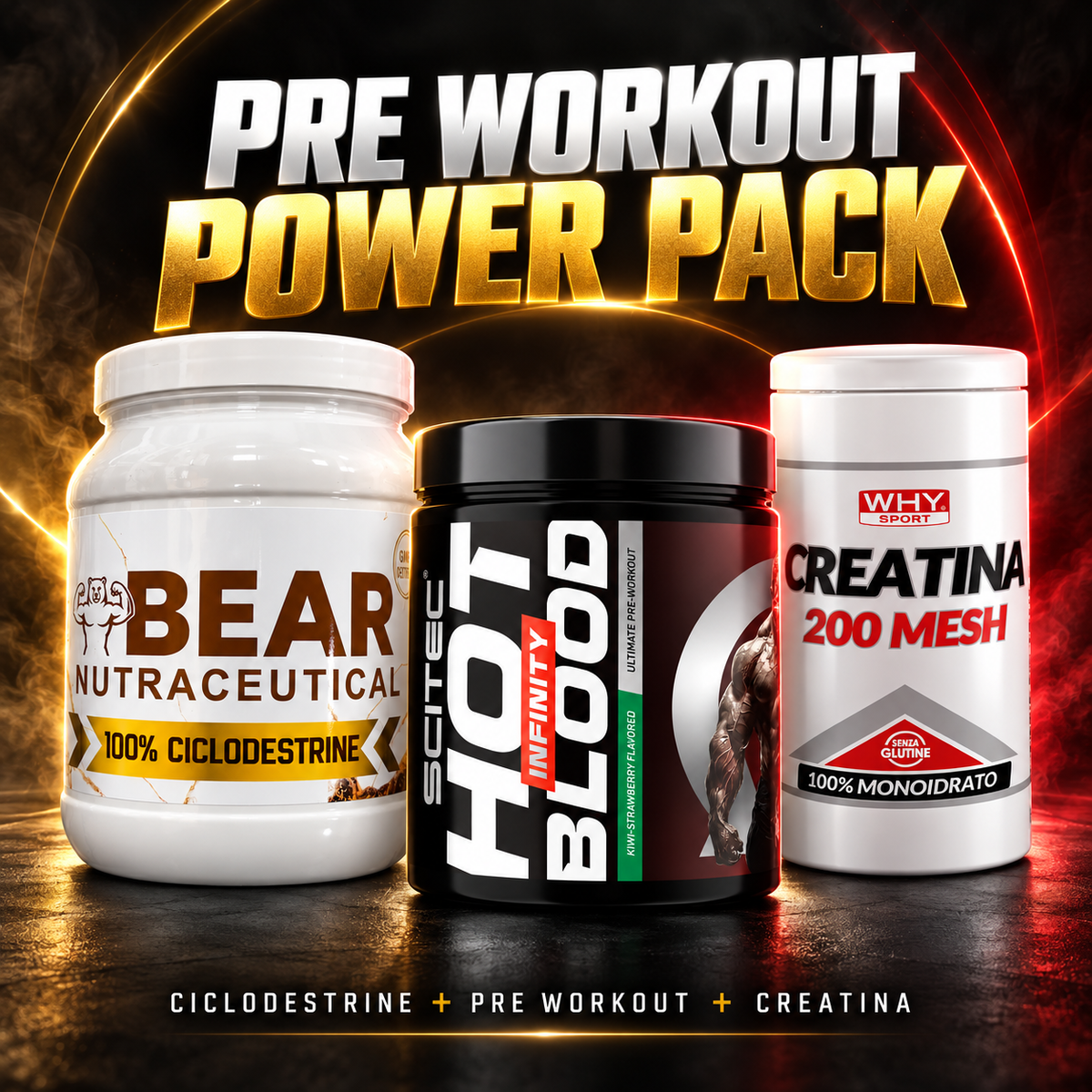 Pack pre workout Foodamia con Hot Blood Infinity 350 g, creatina WHY Sport 500 g e ciclodestrine BEAR 500 g in omaggio
