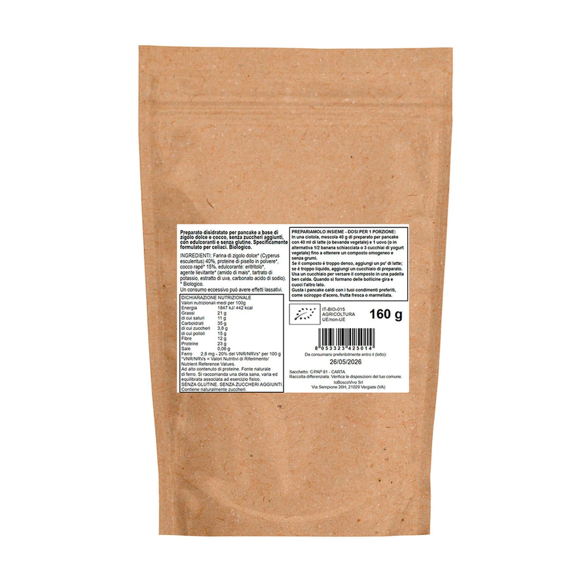 Preparato Bio per Pancake Proteici al Cocco e Chufa Senza Glutine 160g con edulcorante